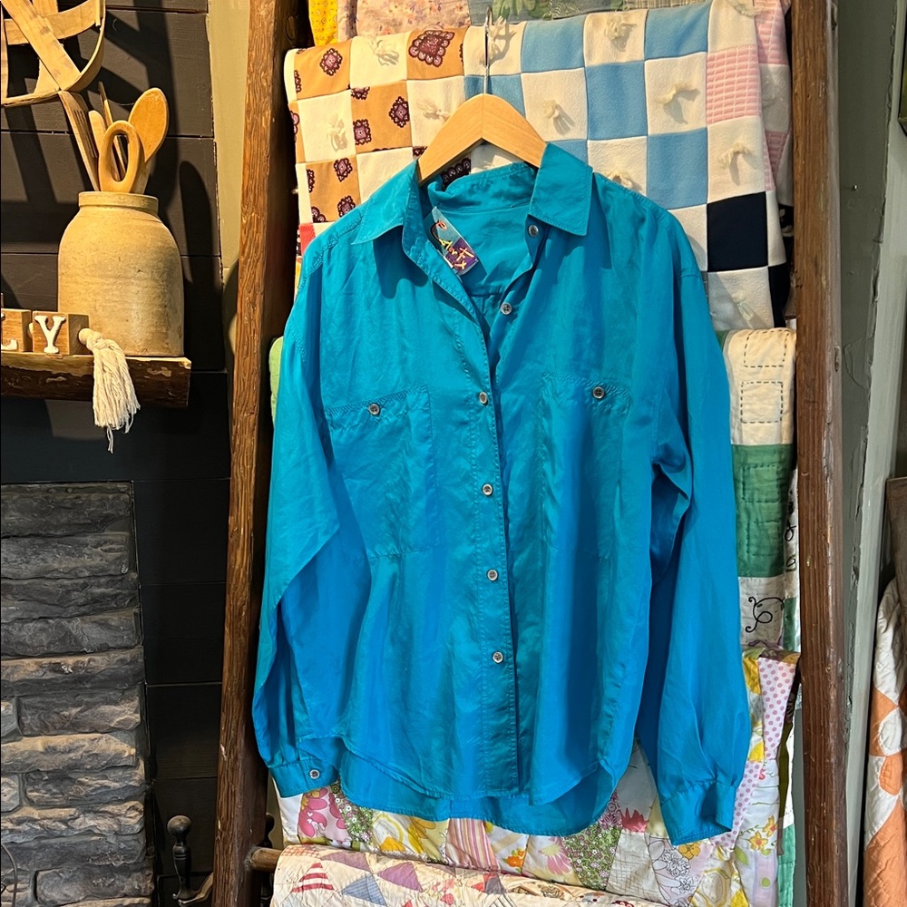 Vibrant Blue Button-Up Shirt by color fx